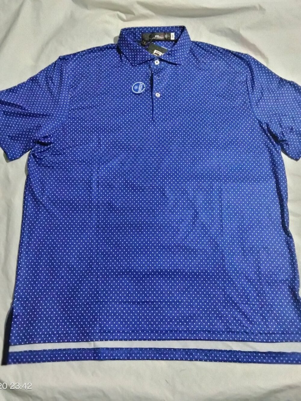 RLX Ralph Lauren Mens L Blue White Polka Dot Performance Golf Polo Shirt